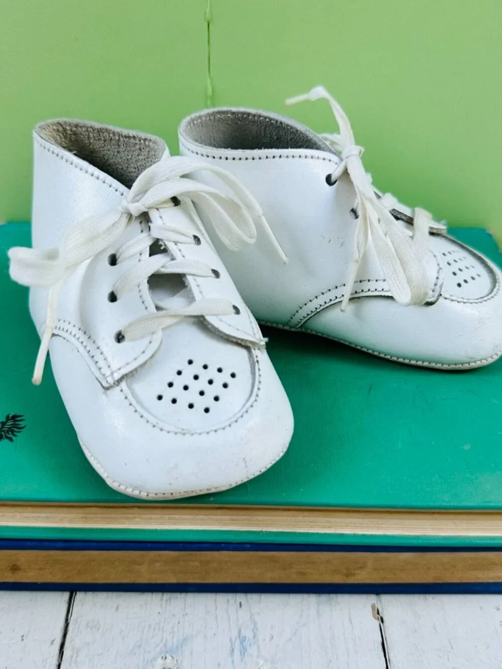 Vintage White Leather Baby Shoes Lace Up Crib Booties Nursery Decor